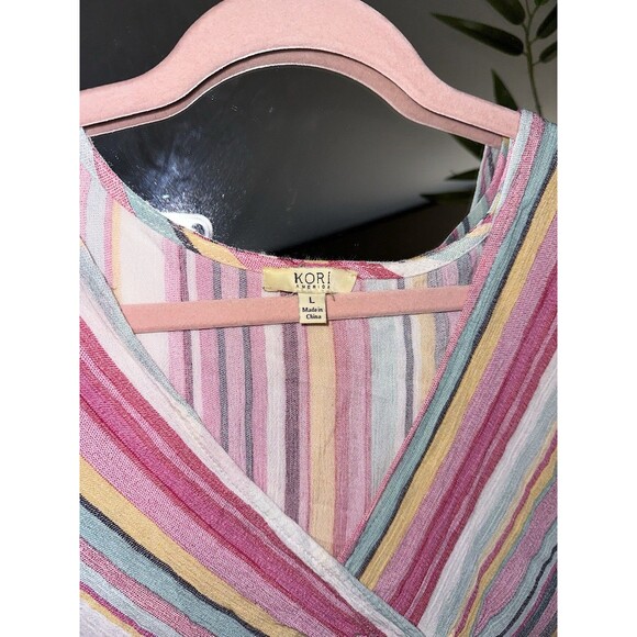 Kori America Colorful Stripe V Neck Tassel Blouse Size Large Boho - Picture 2 of 5